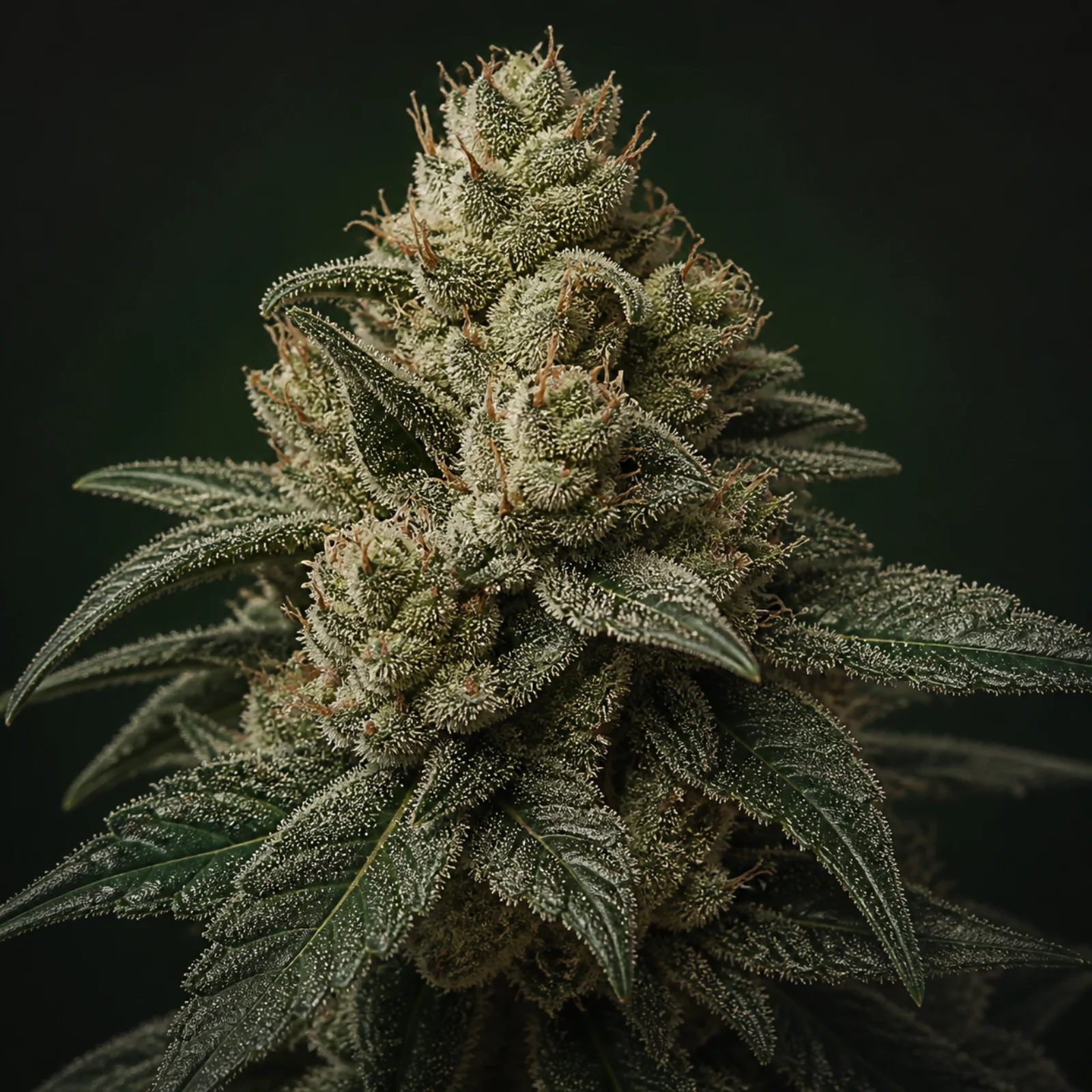 Representative high-resolution macro of a mature cannabis flower selected for the kush and earth-forward cultivar family; not a verified photograph of Aurora Indica