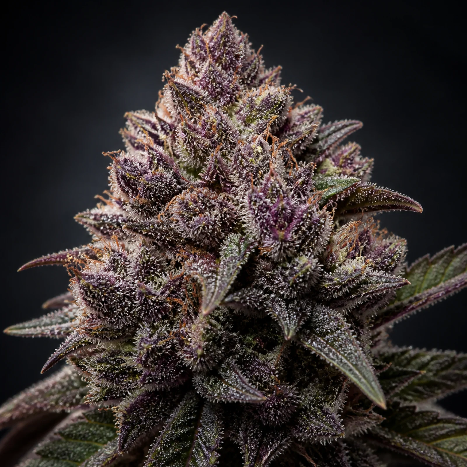 Representative high-resolution macro of a mature cannabis flower selected for the purple and berry cultivar family; not a verified photograph of Apples and Bananas