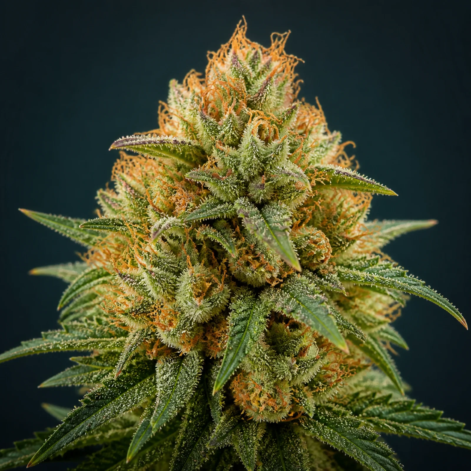 Representative high-resolution macro of a mature cannabis flower selected for the tropical-fruit cultivar family; not a verified photograph of Golden Pineapple