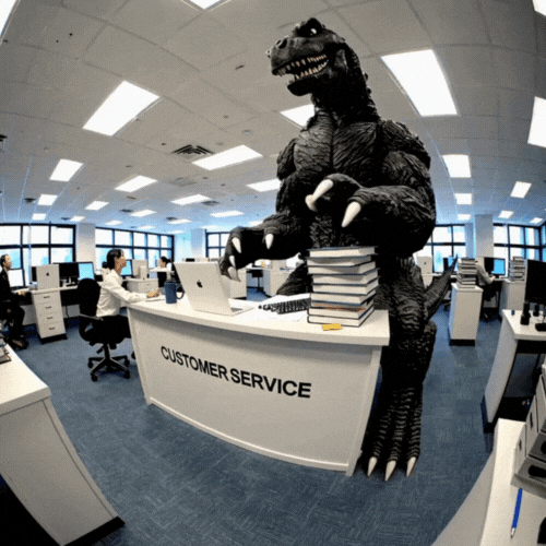 Godzilla handling cannabis customer service at Mainezilla HQ—bringing big energy and bigger accountability to wholesale cannabis in Maine.