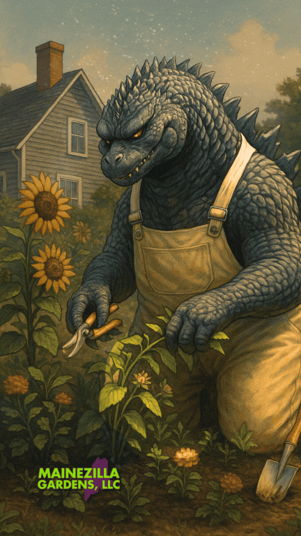 Illustration of a friendly Godzilla gardener tending cannabis plants beside a farmhouse, representing Mainezilla Gardens and Maine cannabis facts.