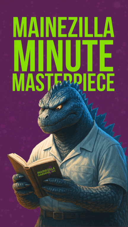 Illustration of a thoughtful Godzilla reading a book titled 'Mainezilla Gardens, LLC' beneath bold text reading 'Mainezilla Masterpiece Minute' — branding for a poetry segment.